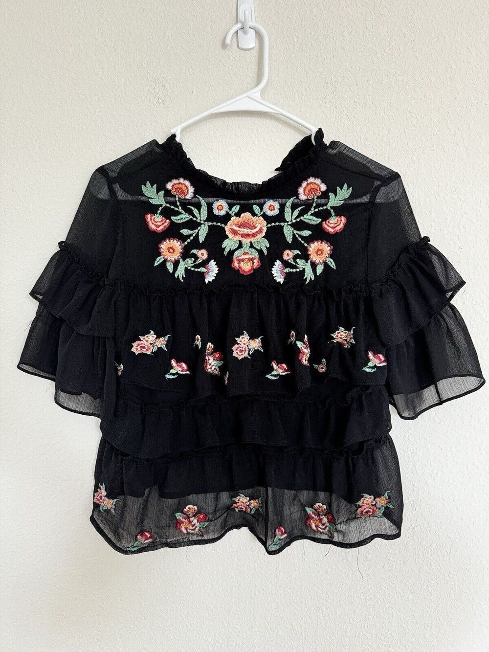Sheer Mesh Floral Embroidered Tiered High Neck Top Women’s Grunge Goth Gorpcore